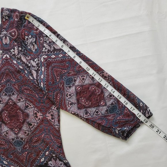 Maurices Women’s 3/4 Sleeve Lattice Back Tunic Blouse Burgundy/Teal Size Large - Picture 13 of 14